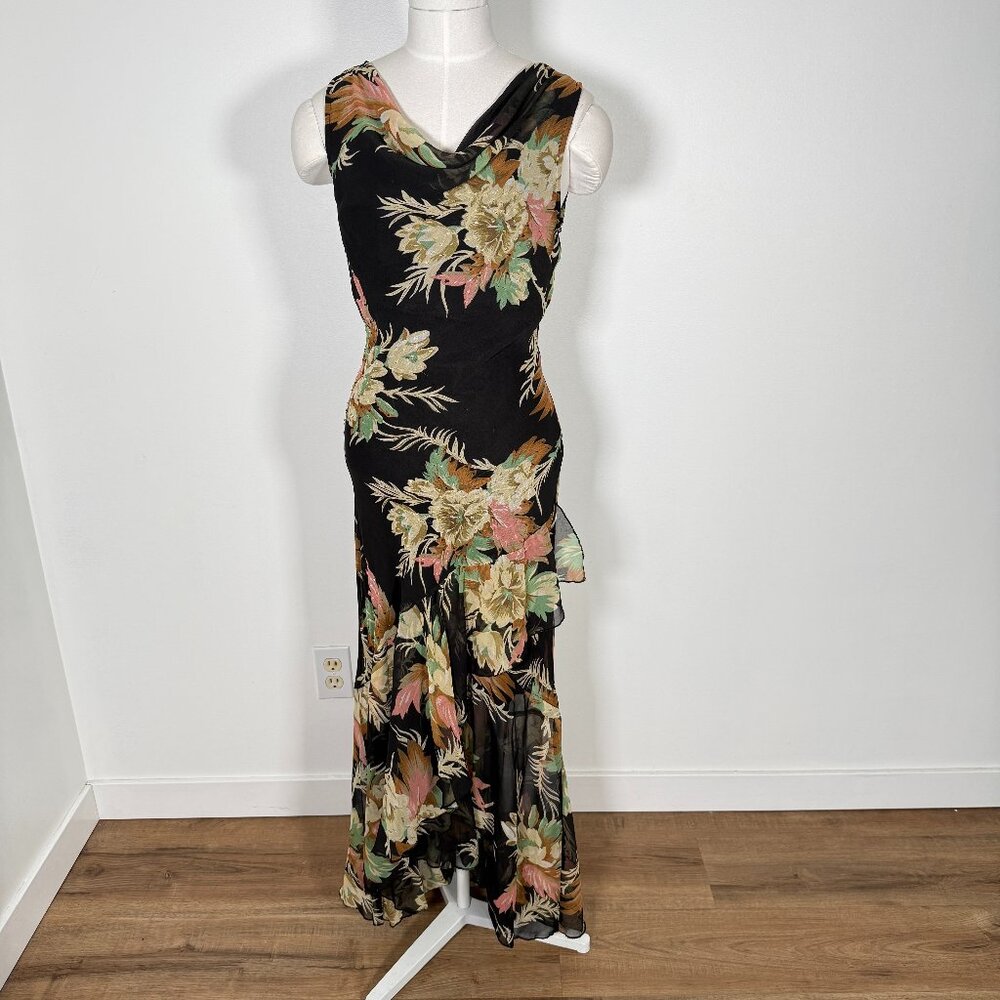 Vintage 90s Maxi Dress Floral Black Beaded Matching Scarf Fairy Feminine M - Picture 1 of 16
